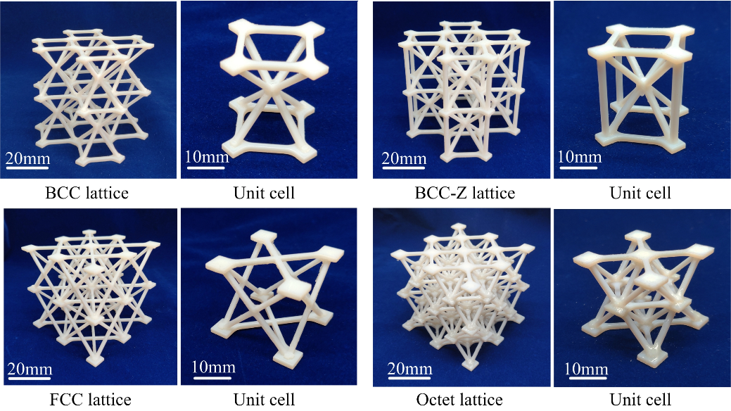图2 (b)嵌锁组装制备的PolyJet点阵结构多胞与单胞试样